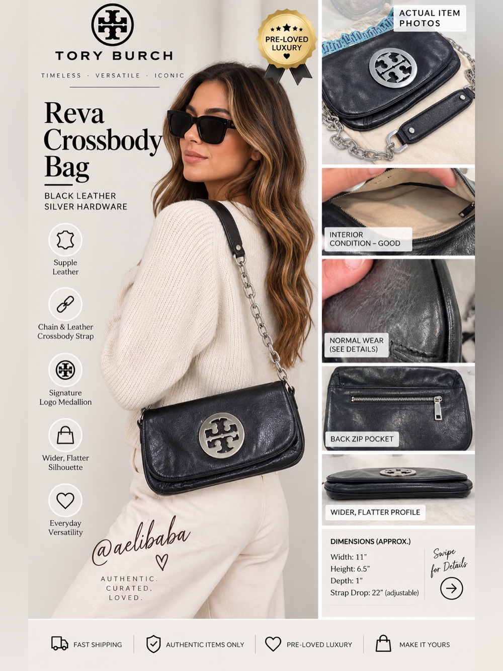 Tory Burch Reva  Black Leather Crossbody Bag